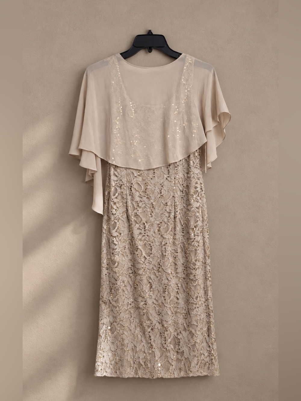 Alex Evenings Taupe Lace Overlay Maxi Dress with Chiffon Cape